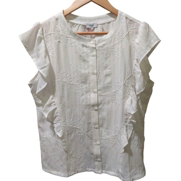 Voy Tops - NWT Voy White Floral Embroidered Sleeveless Ruffle Button-Up Blouse Size Large